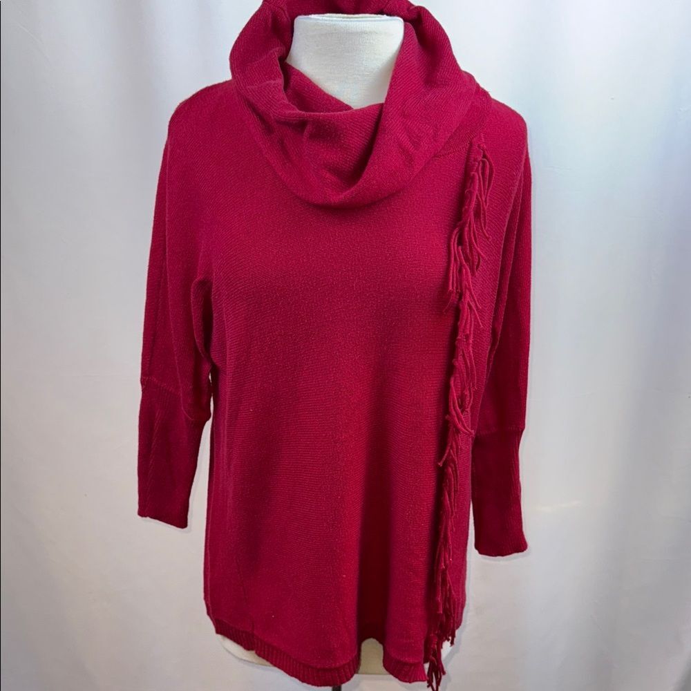 Chico's Red Cowl Neck Fringe Sweater, Size 1, Size Medium
